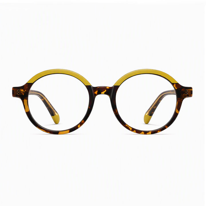 Round tortoiseshell eyeglass frames with yellow top rim and dark temples