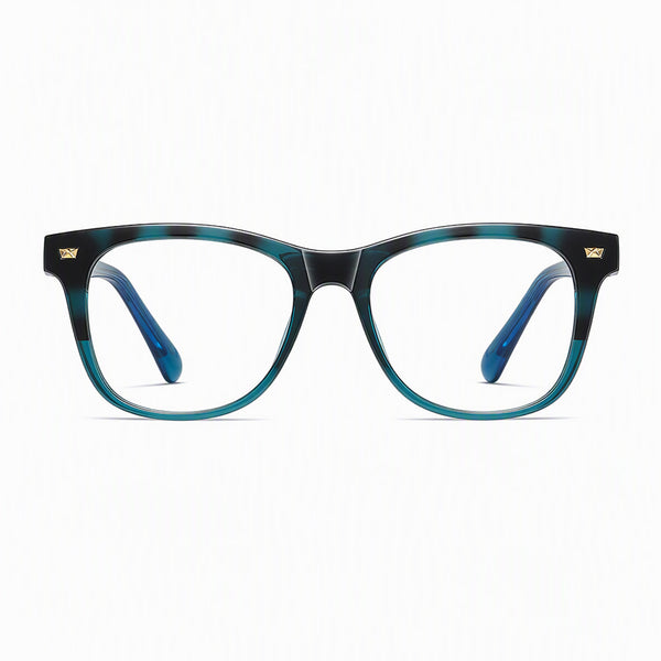 Teal acetate eyeglass frame with round lenses and blue temple tips