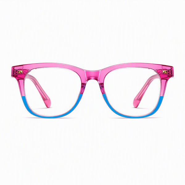 Pink eyeglasses with full-frame round rectangular shape and blue temple accents.
