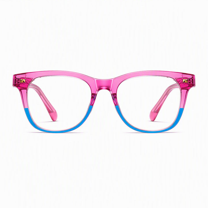 Pink eyeglasses with full-frame round rectangular shape and blue temple accents.
