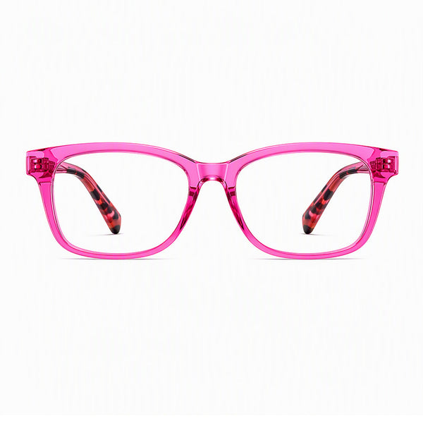 Tilly pink eyeglasses with square frames and tortoiseshell-style patterned temples