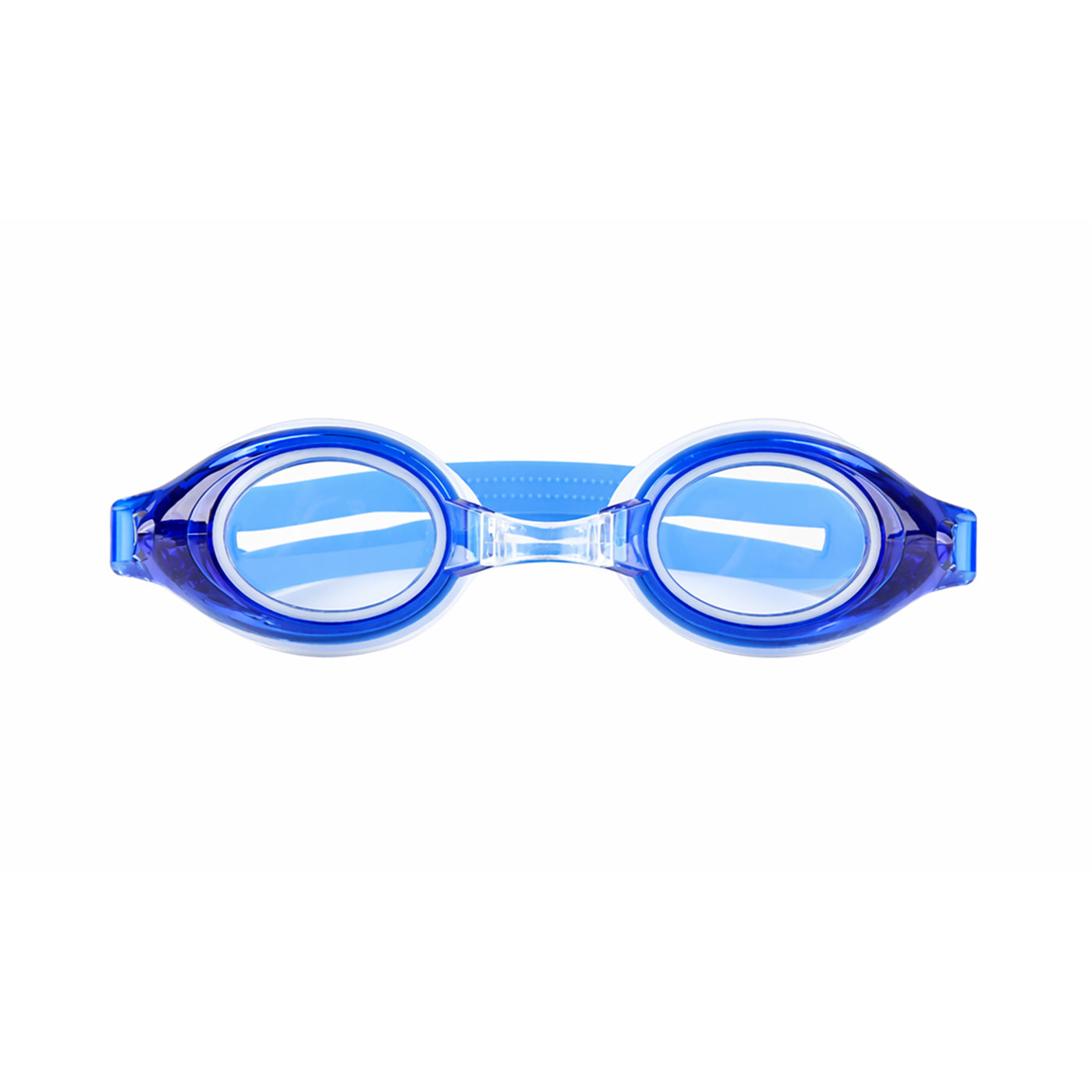 Blue swim goggles with clear lenses and curved frame