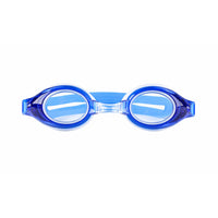 Blue swim goggles with clear lenses and curved frame
