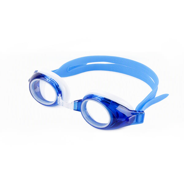 Blue and clear swim goggles with side view strap
