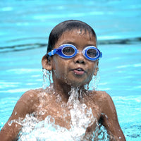 Blue swim goggles with round lenses and adjustable strap