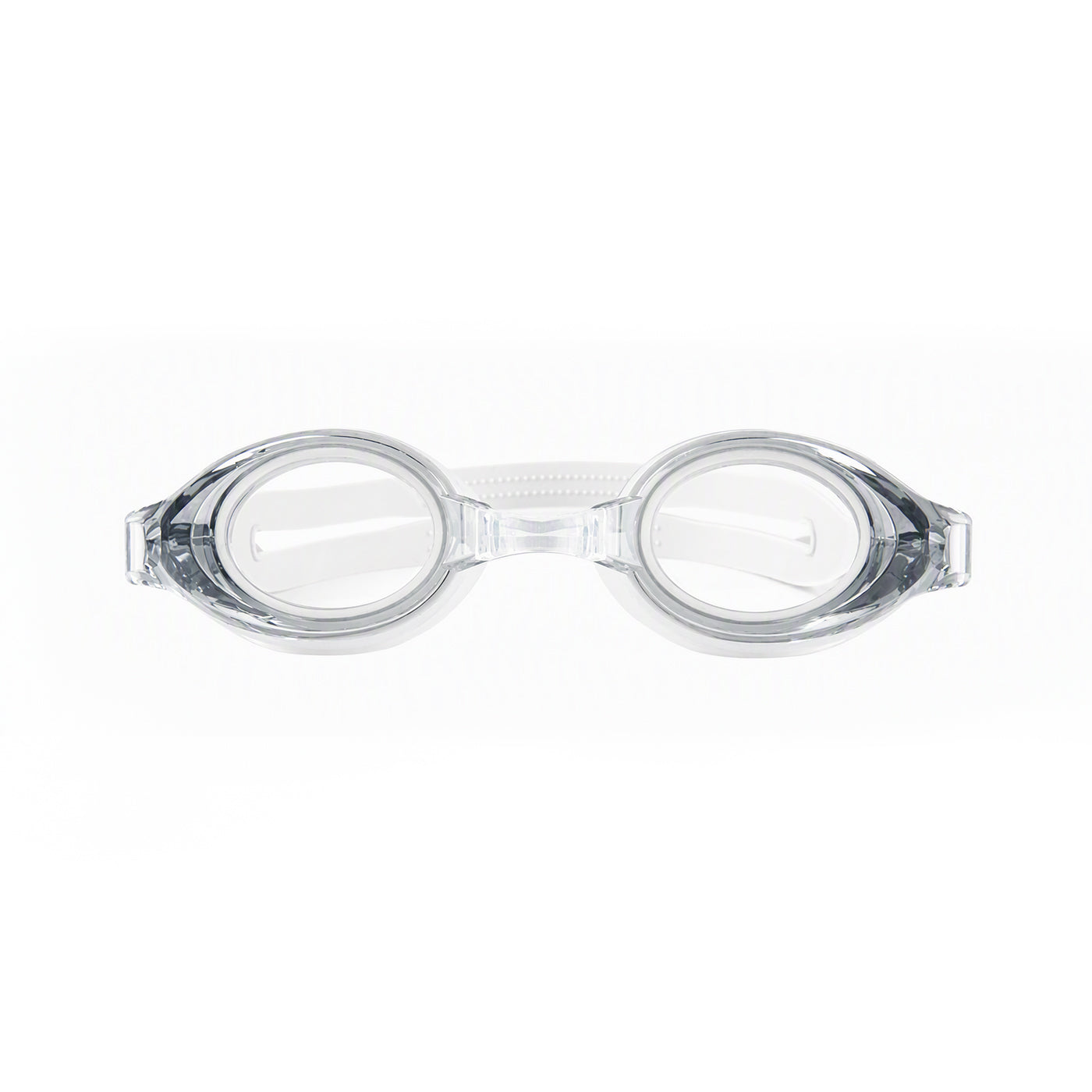 Clear swim goggles with gray-tinted frame and rounded lenses