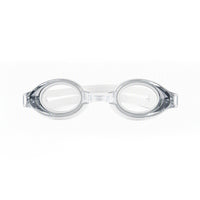 Clear swim goggles with gray-tinted frame and rounded lenses