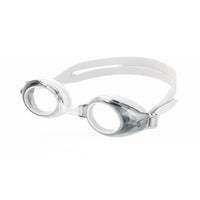 Clear swim goggles with white strap and rounded lenses
