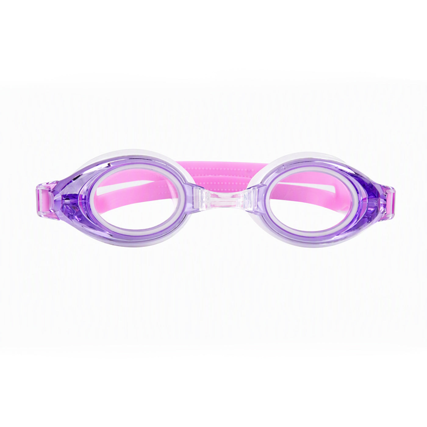 Purple swim goggles with clear lenses and curved frame