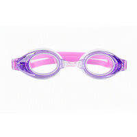 Purple swim goggles with clear lenses and curved frame