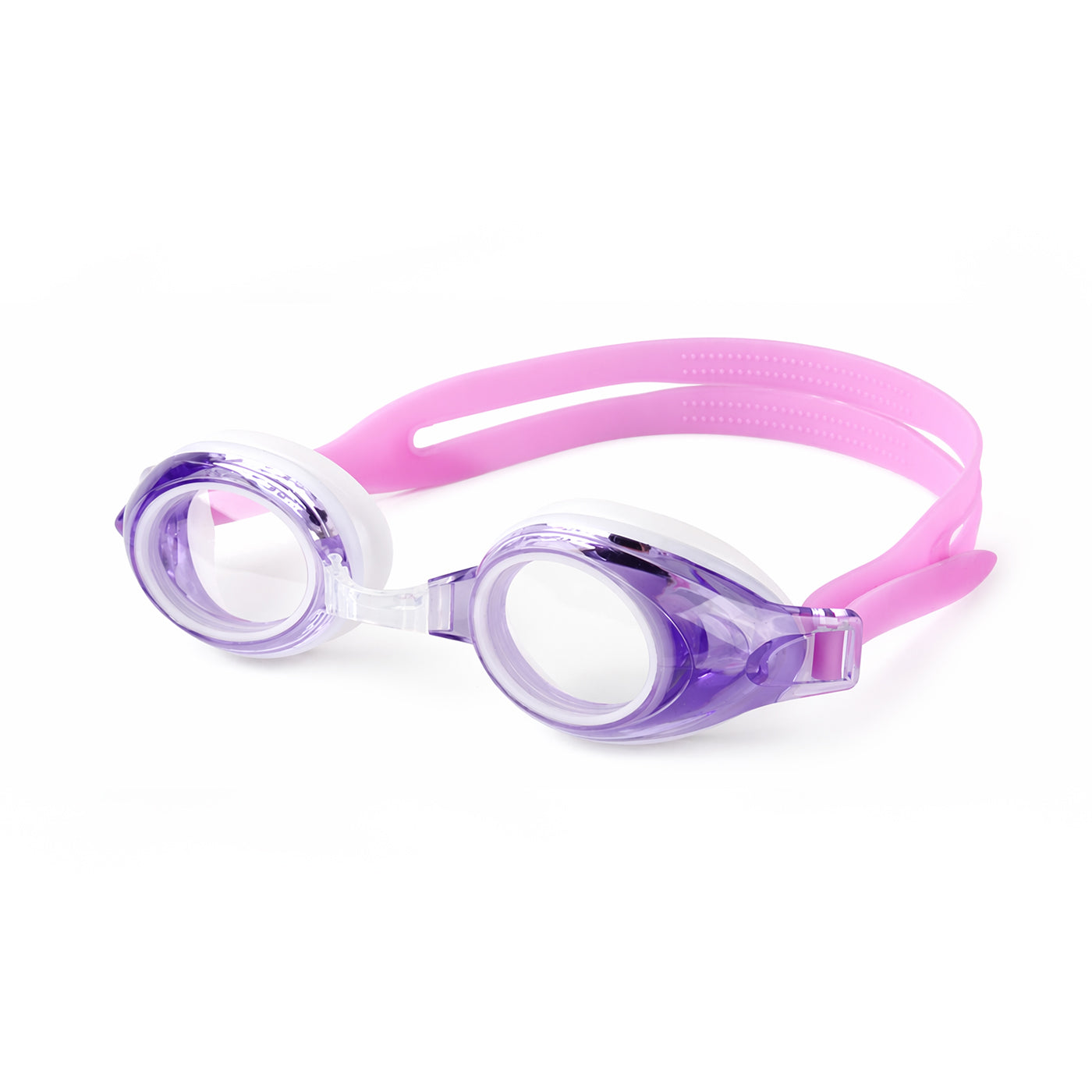 Purple swim goggles with white strap and side view