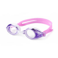 Purple swim goggles with white strap and side view