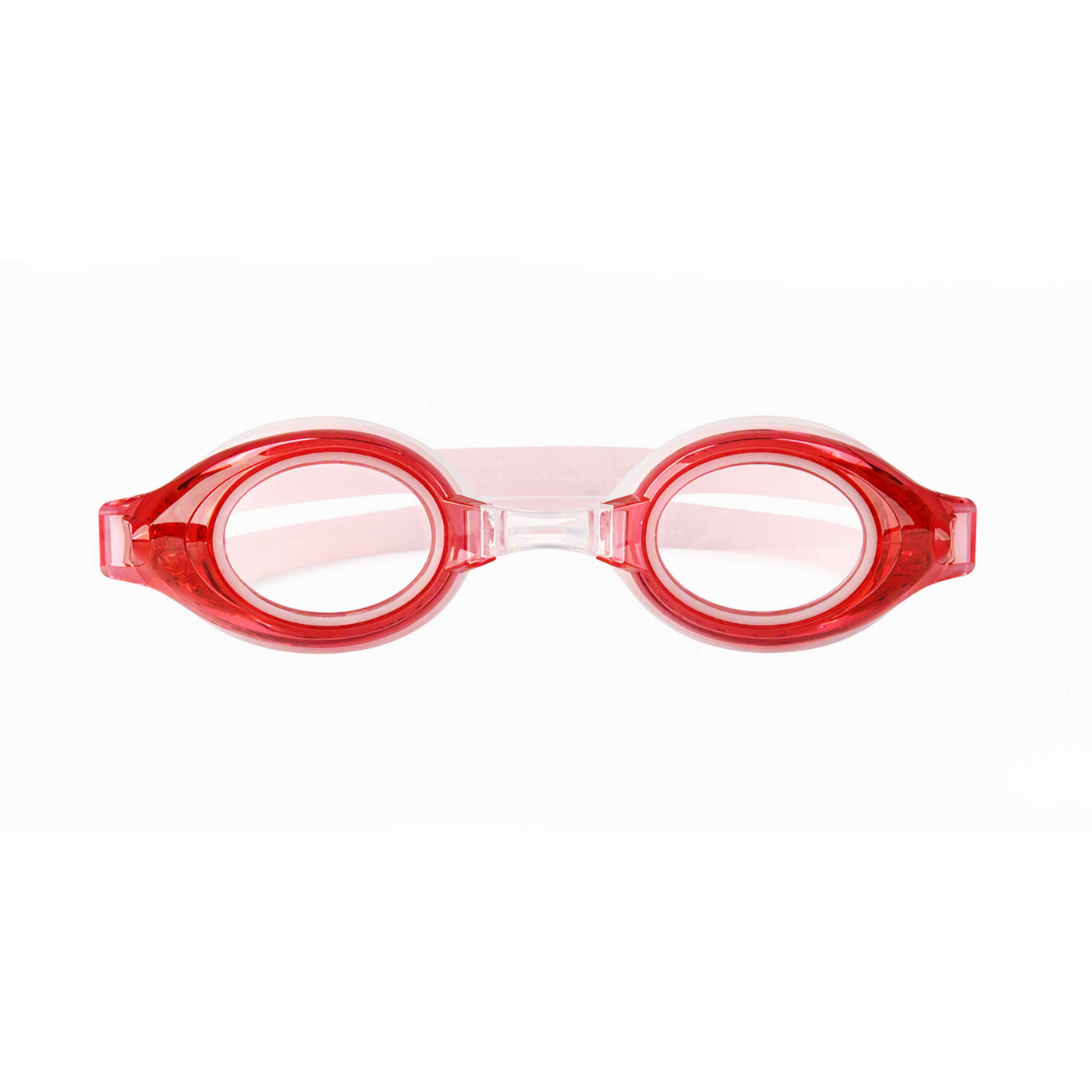 Red swim goggles with clear lenses and curved frame