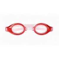 Red swim goggles with clear lenses and curved frame
