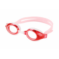 Red and clear swim goggles with white strap and side view