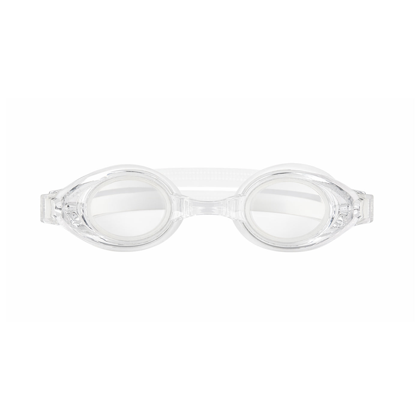 Clear swim goggles with rounded lenses and transparent frame