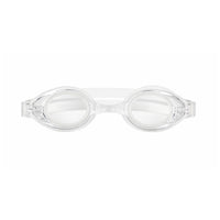 Clear swim goggles with rounded lenses and transparent frame