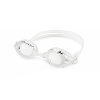 Clear swim goggles with white strap and side view