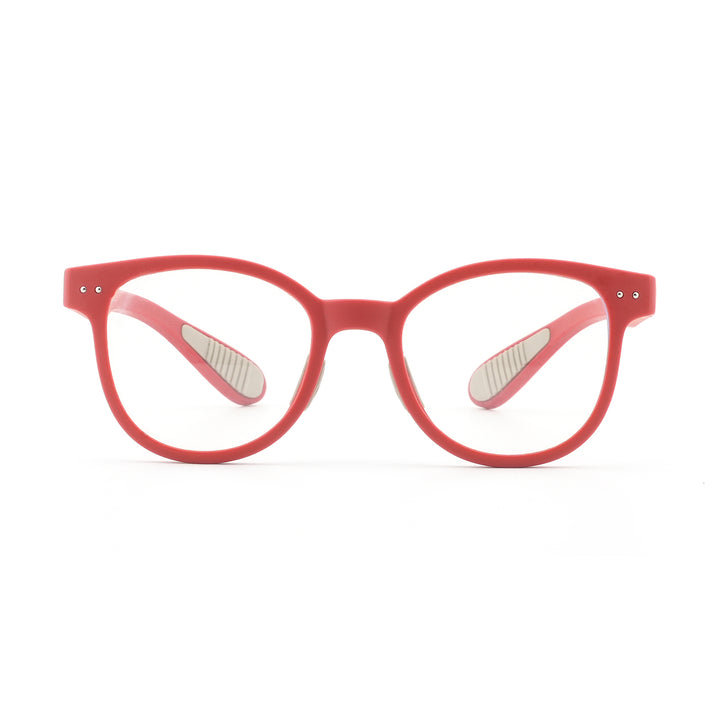 Red oval prescription eyeglass frames with textured temple accents