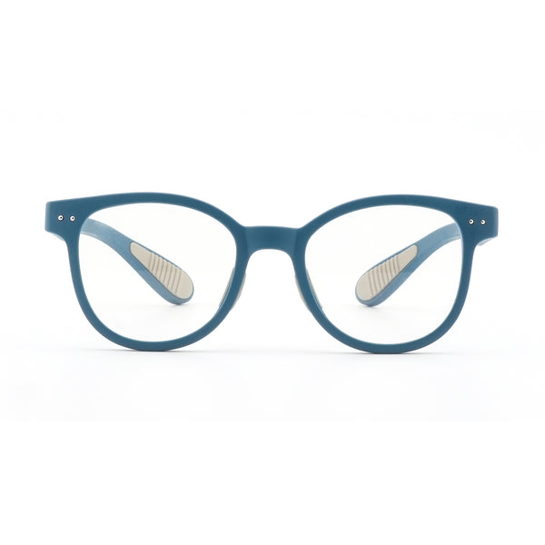Blue round eyeglass frames with clear lenses and metal stud accents
