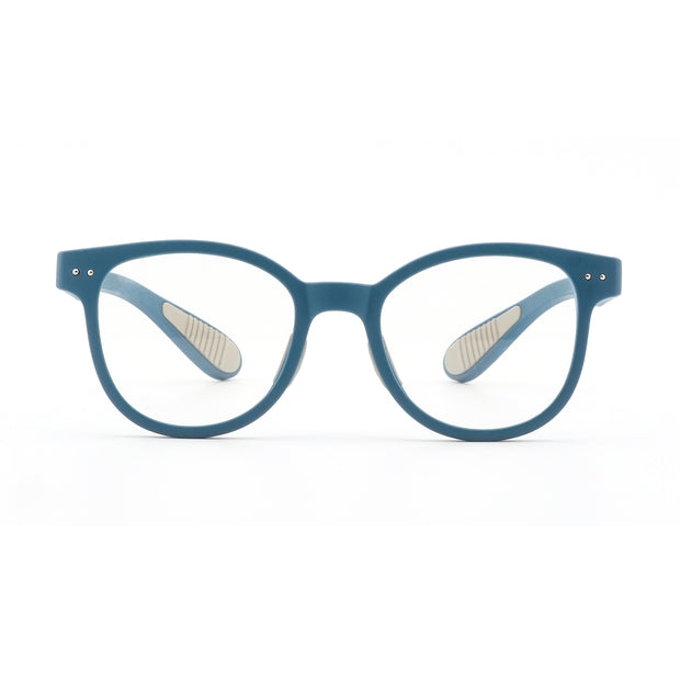 Blue round eyeglass frames with clear lenses and metal stud accents