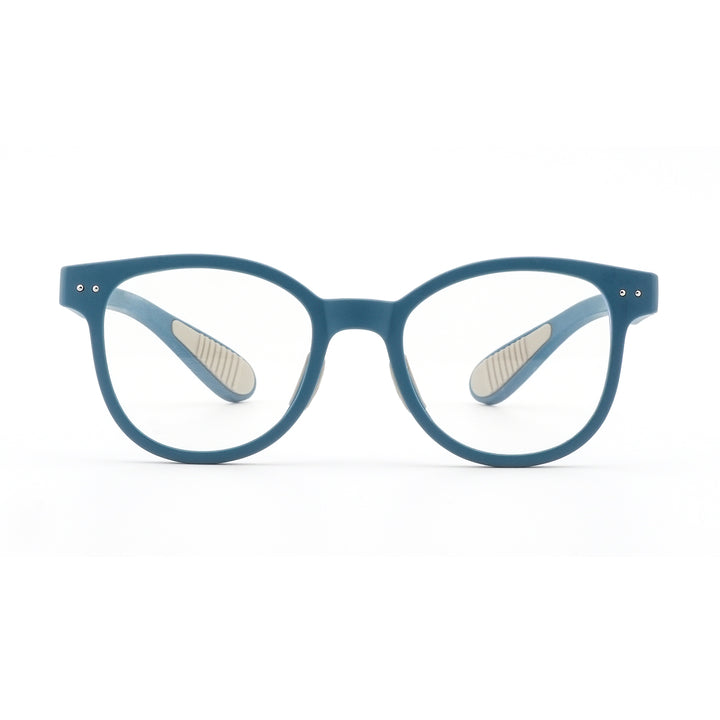 Blue round eyeglass frames with clear lenses and metal stud accents