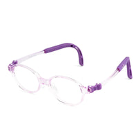 Angled view eyeglasses with clear frame and purple temple tips