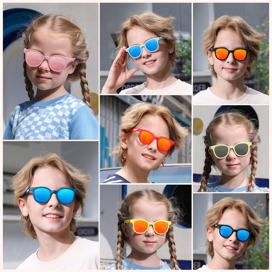 Kids sunglasses collage with pink, blue, orange, and green frames and tinted lenses