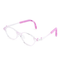 Oval eyeglasses with clear frame and purple temples