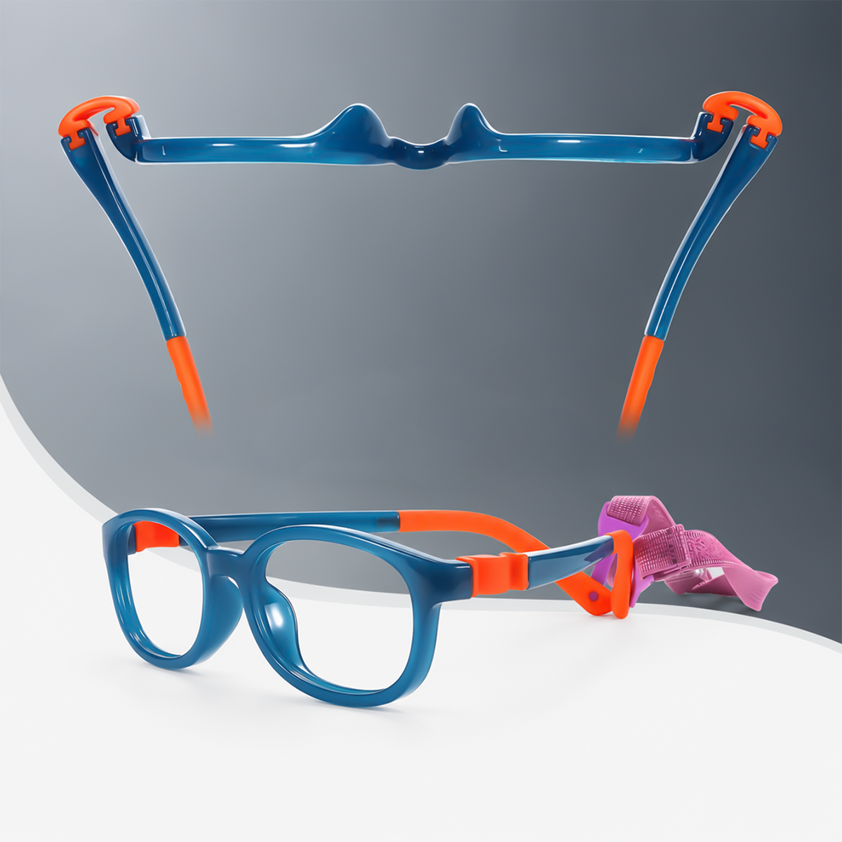 Kids blue sunglasses with orange temples and clear lens front