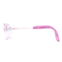 Side profile eyeglasses with clear frame and purple arm