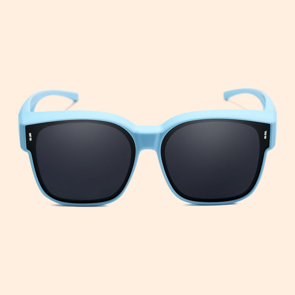 Kids sunglasses, sky blue frames with black lenses and wide oval front