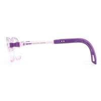 Eyeglasses side view with purple arm and clear hinge