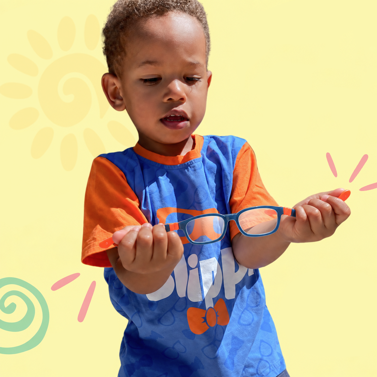 Kids blue eyeglass frames with orange temples and clear lenses