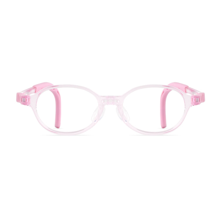 Pink and clear eyeglass frame with square lenses