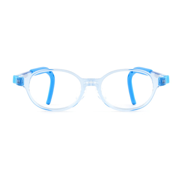 Light blue transparent eyeglass frame with oval lenses and blue temple arms