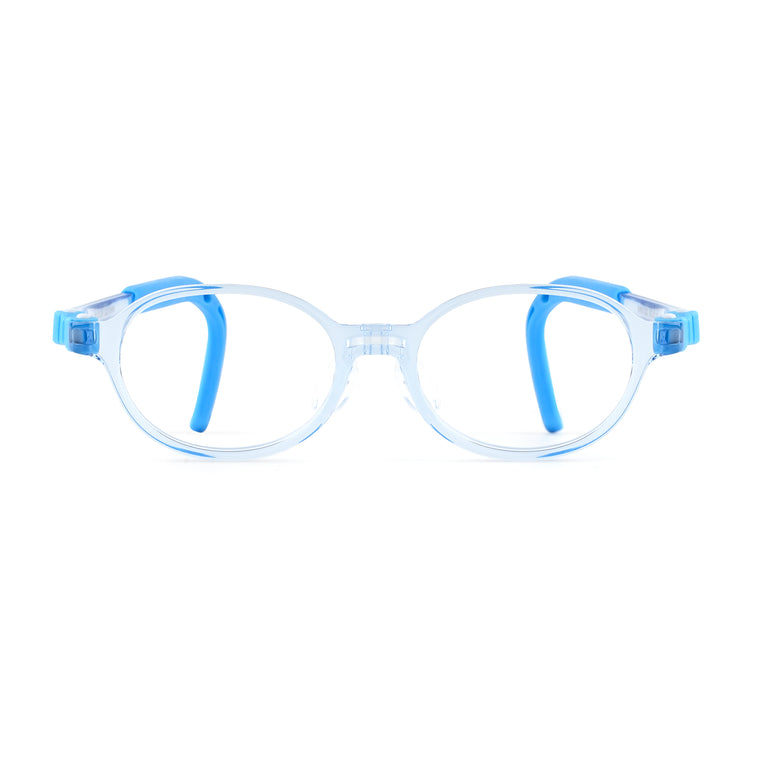 Light blue transparent eyeglass frame with oval lenses and blue temple arms