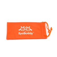 Orange EyeBuddy microfiber cloth in drawstring pouch.
