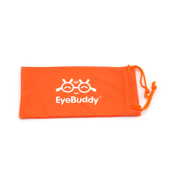 Orange EyeBuddy microfiber cloth in drawstring pouch.