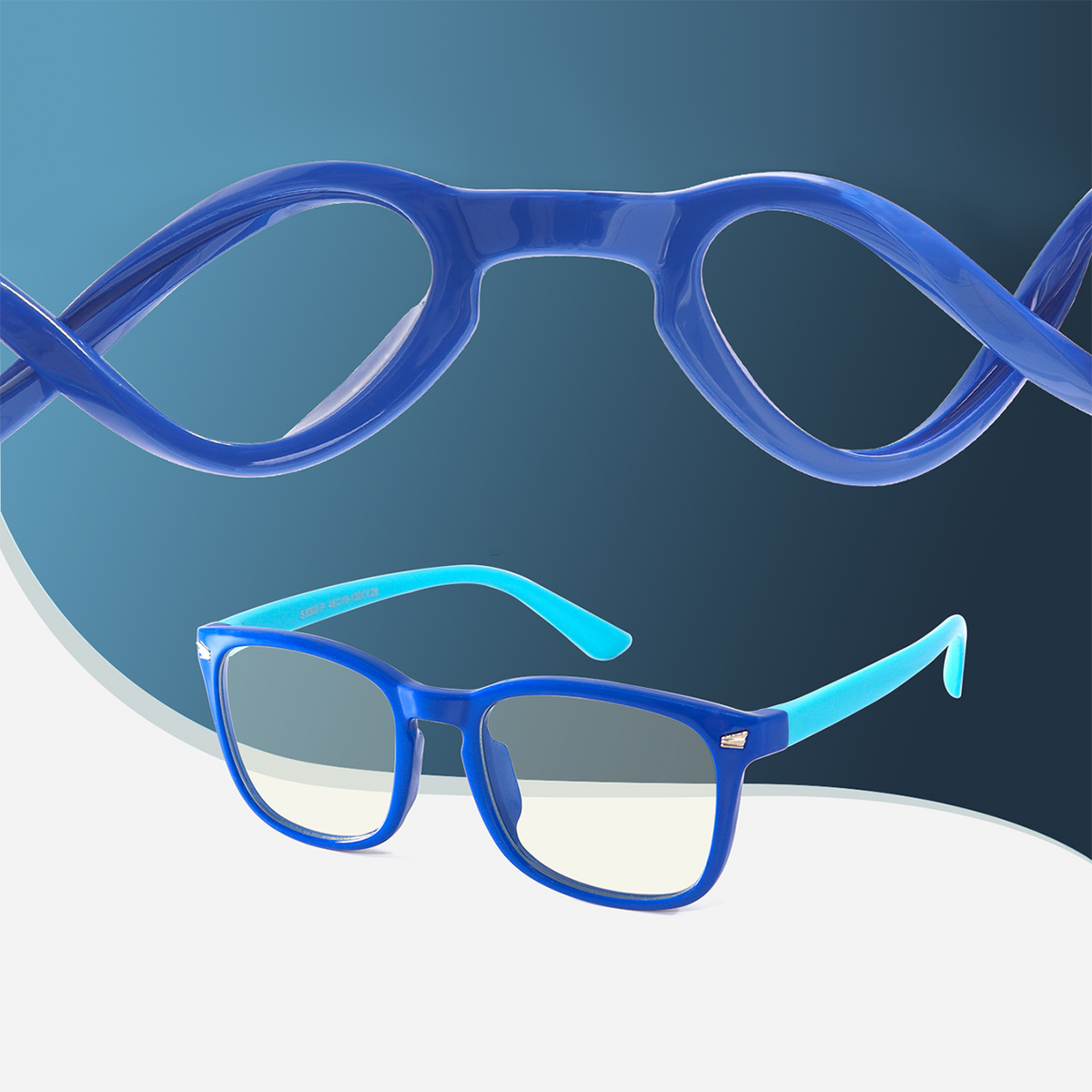 Blue plastic eyeglasses with square frames and curved temple arms