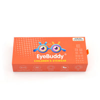 Orange hard case box with EyeBuddy children's eyewear logo and cartoon glasses
