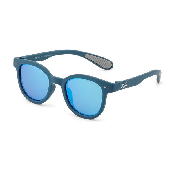 Blue kids sunglasses with blue mirrored lenses and textured temple grips, angled