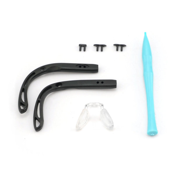 Black temple arms with clear nose pads and small black caps, plus blue applicator
