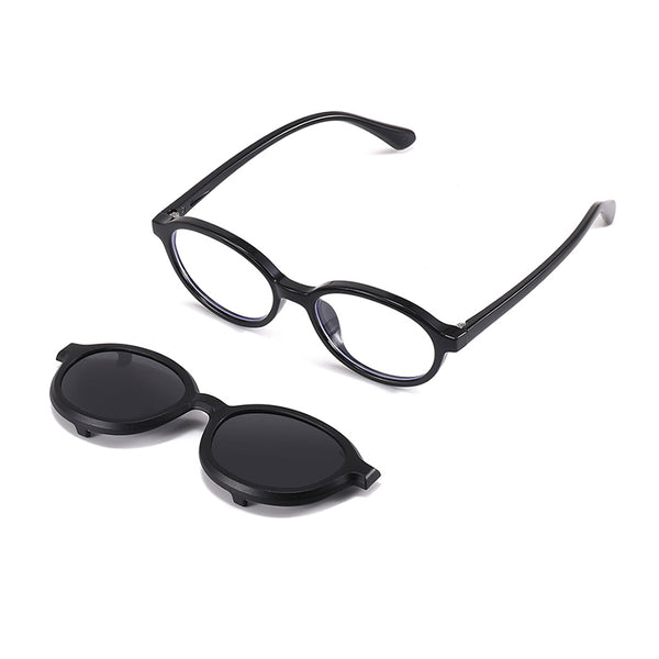 Black 2-in-1 clip-on sunglasses with round frames and dark lenses