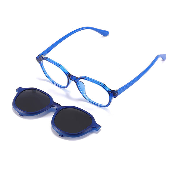 Blue eyeglasses with dark clip-on sunglasses, 2-in-1 set