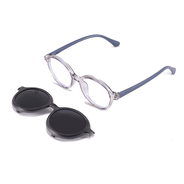 2-in-1 eyeglasses with clip-on dark lenses, clear frame and blue arms