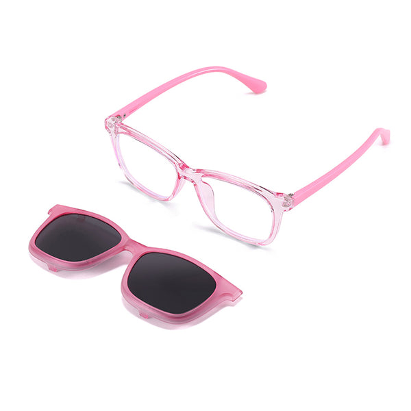 Pink 2-in-1 eyewear set with clear frame and clip-on dark-tinted lenses