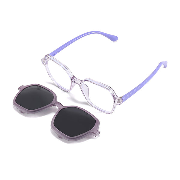 2-in-1 eyeglasses with light purple frame and dark clip-on sunglasses, angled view.
