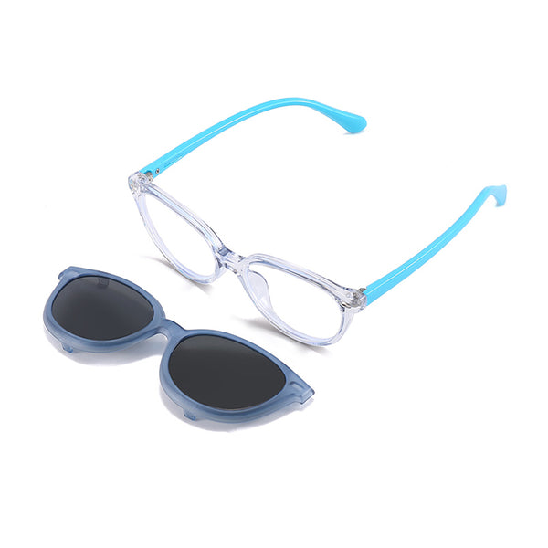 2-in-1 clip-on glasses set: light blue eyeglass frame with matching dark clip-ons