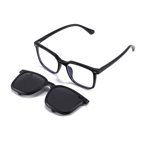 2-in-1 eyeglasses with clip-on sunglasses, black frame with dark lenses